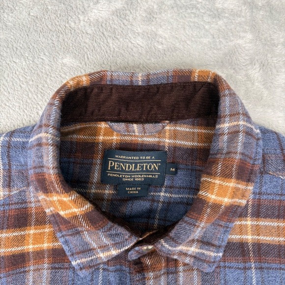 Pendleton Men's Flannel Medium Blue Brown Plaid Button Down Shirt - Picture 3 of 16